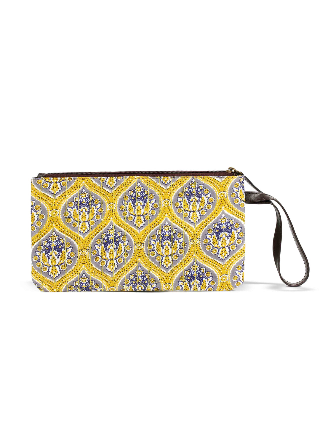 Yellow Printed Cotton Handbag With Pouch