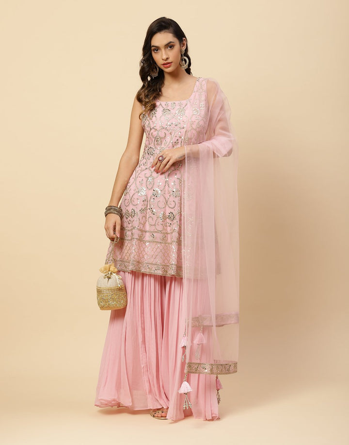 Embroidered Gota Work Georgette Salwar Kameez Stitched Suit With Net Dupatta