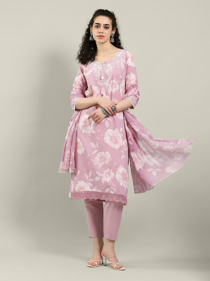 Kantha Work Cotton Blend Kurta With Pants