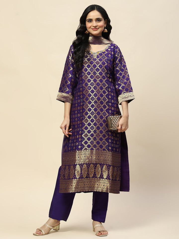 Woven Banarasi Kurta With Pants &amp; Dupatta