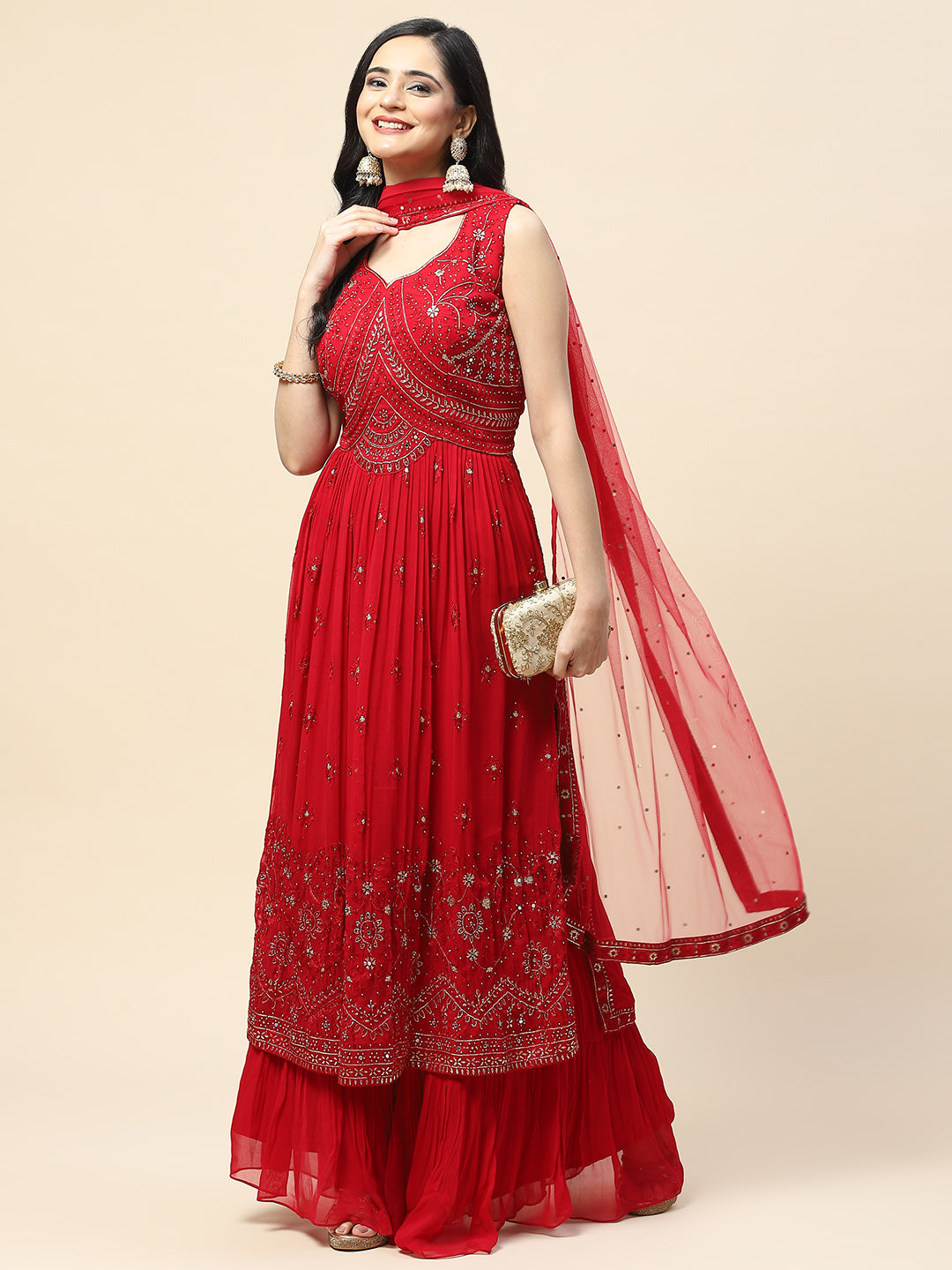 Resham Booti Embroidered Georgette Kurta With Palazzo &amp; Dupatta