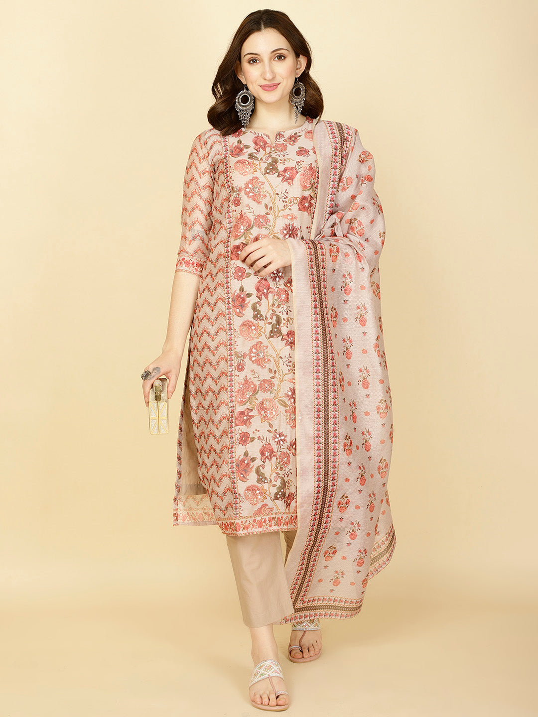 Floral Printed Chanderi Kurta With Pants &amp; Dupatta