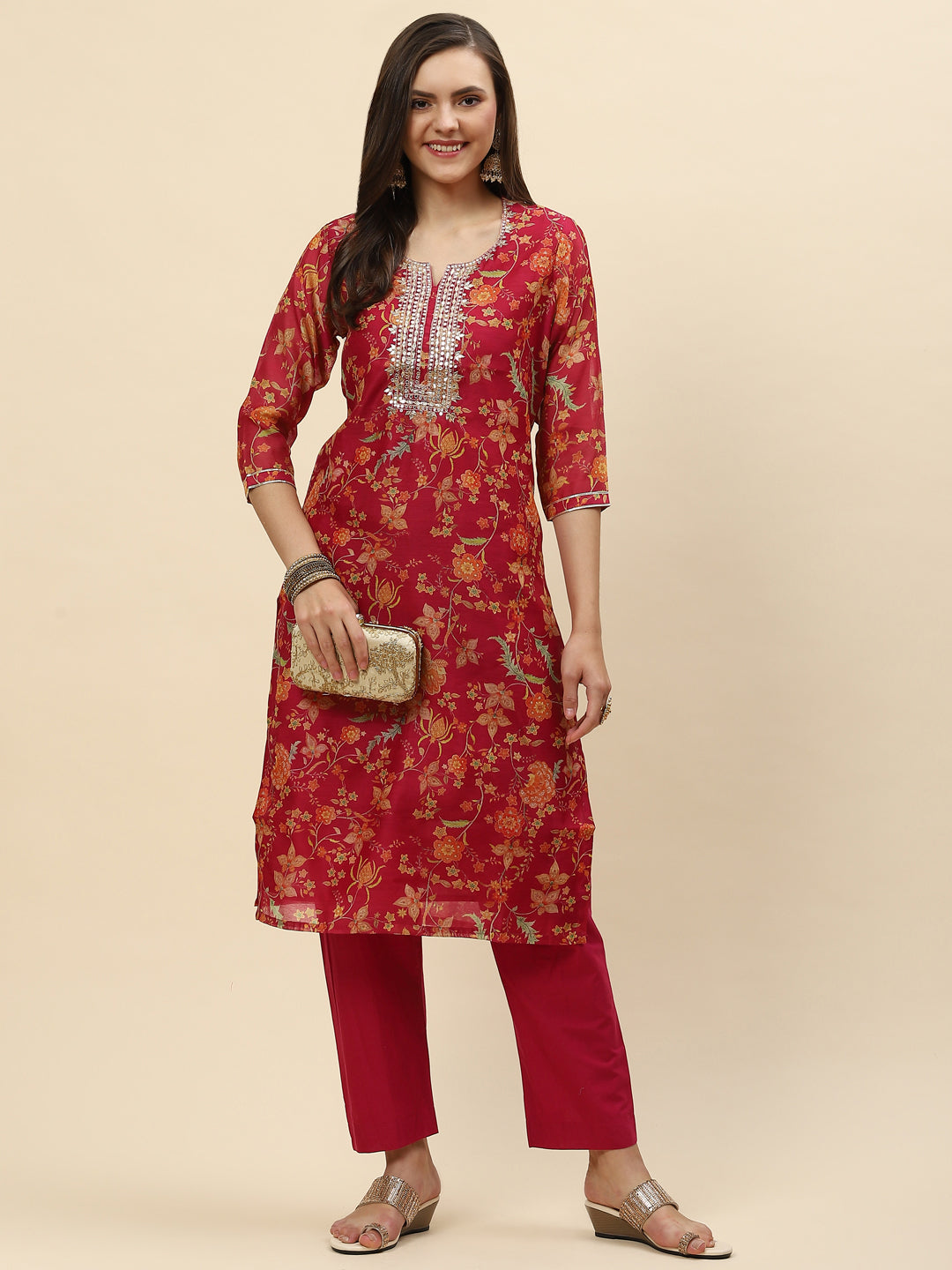 Neck Embroidered &amp; Floral Printed Chanderi Kurta With Pants