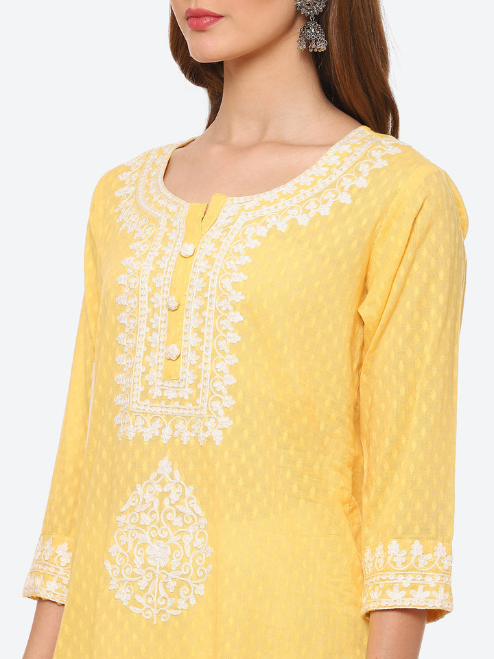 Resham Neck Embroidered Cotton Kurta With Sharara &amp; Dupatta
