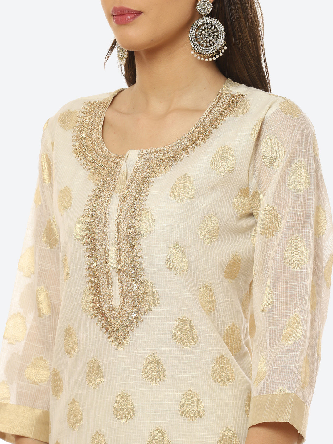 Resham Neck Booti Cotton kurta With Pant &amp; Dupatta