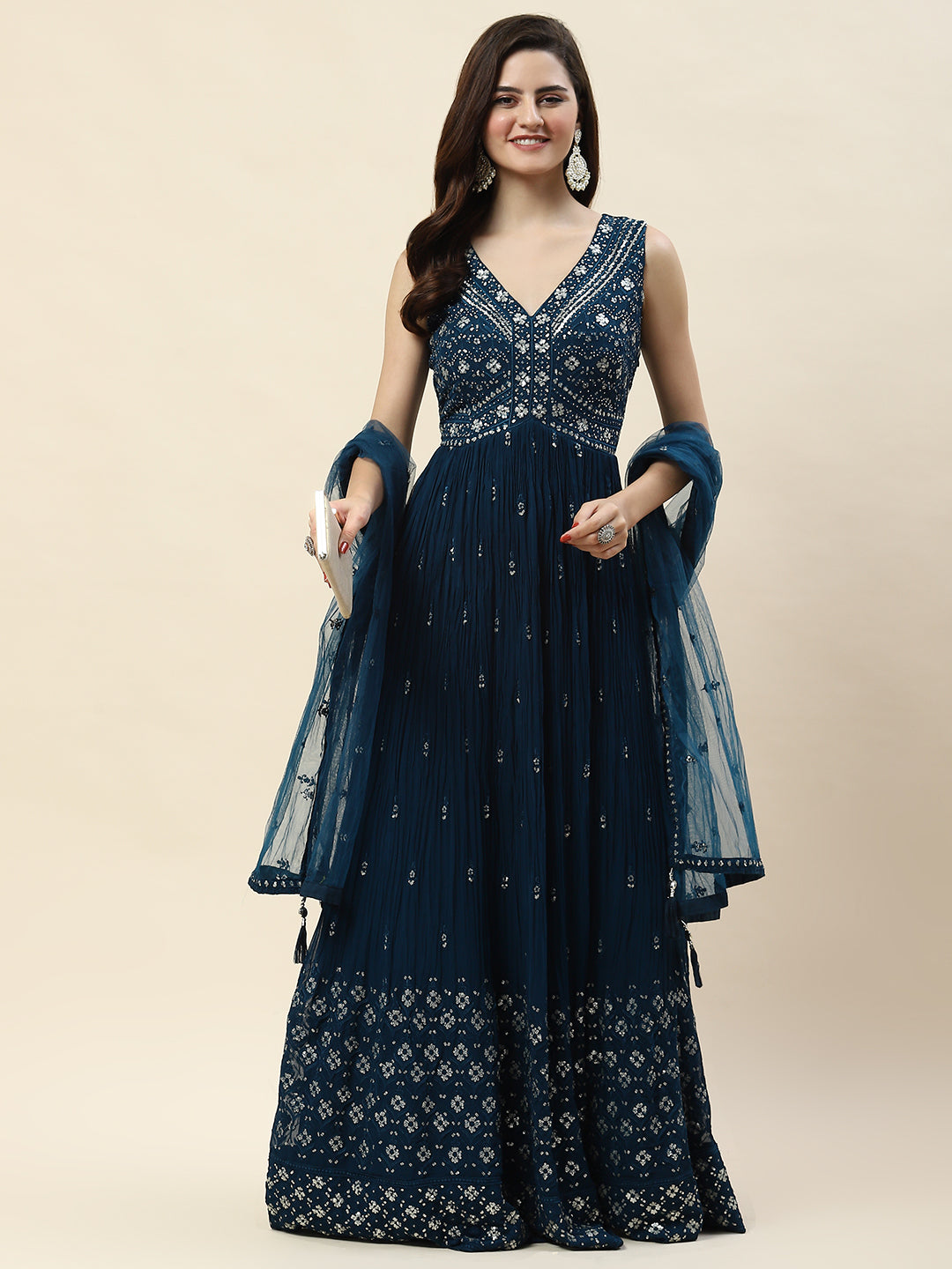 Sequin Embroidery Georgette Kurta With Palazzo &amp; Dupatta