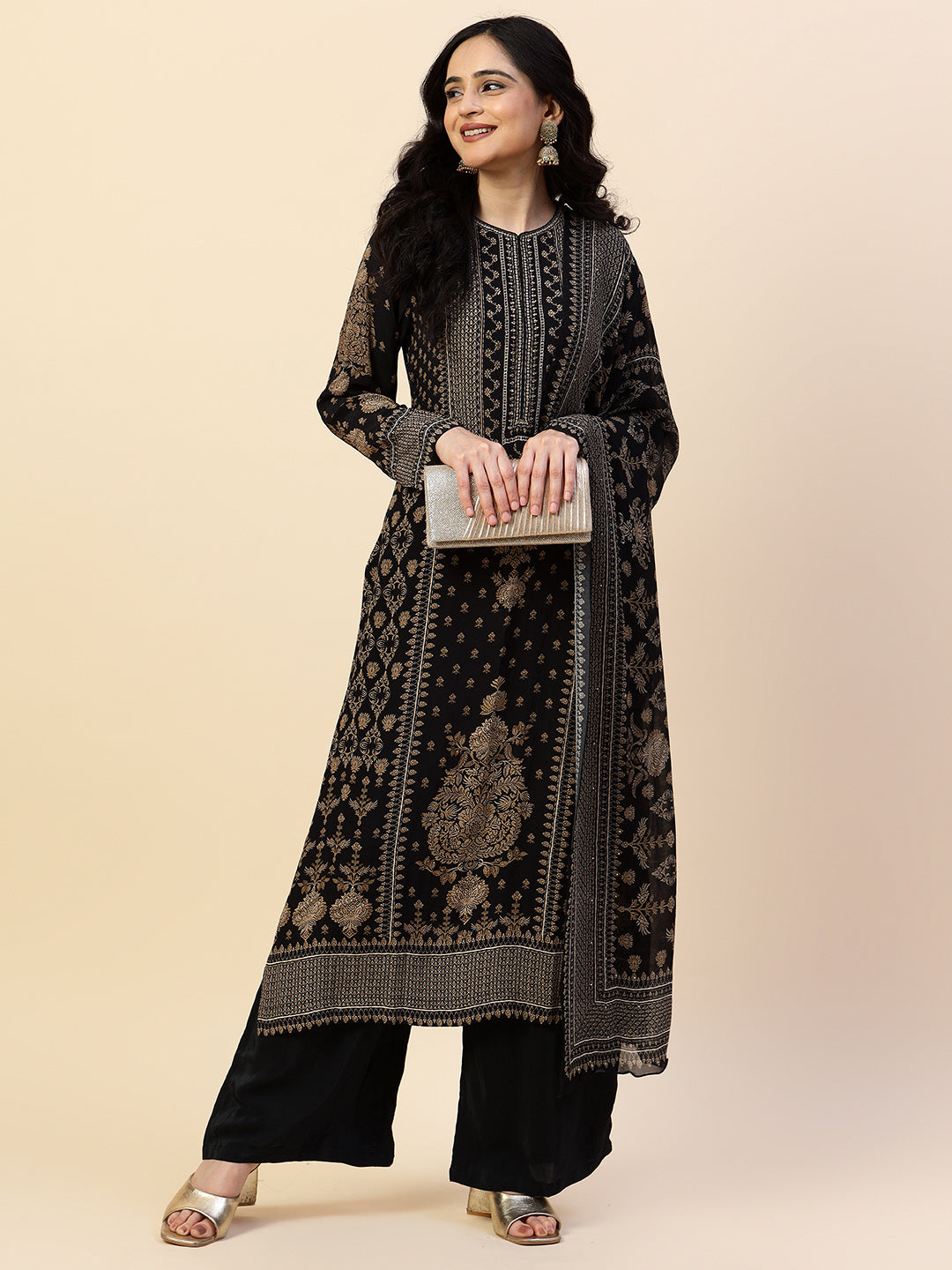 Digital Printed Crepe Kurta With Palazzo &amp; Dupatta