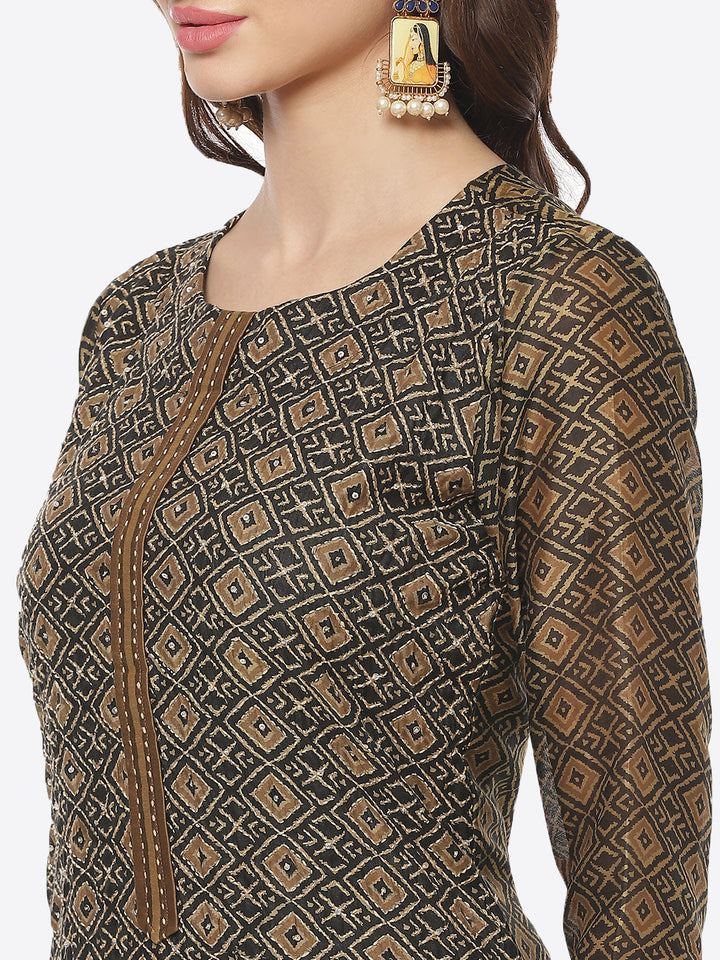 Printed Kantha Work Chanderi Kurti With Pant