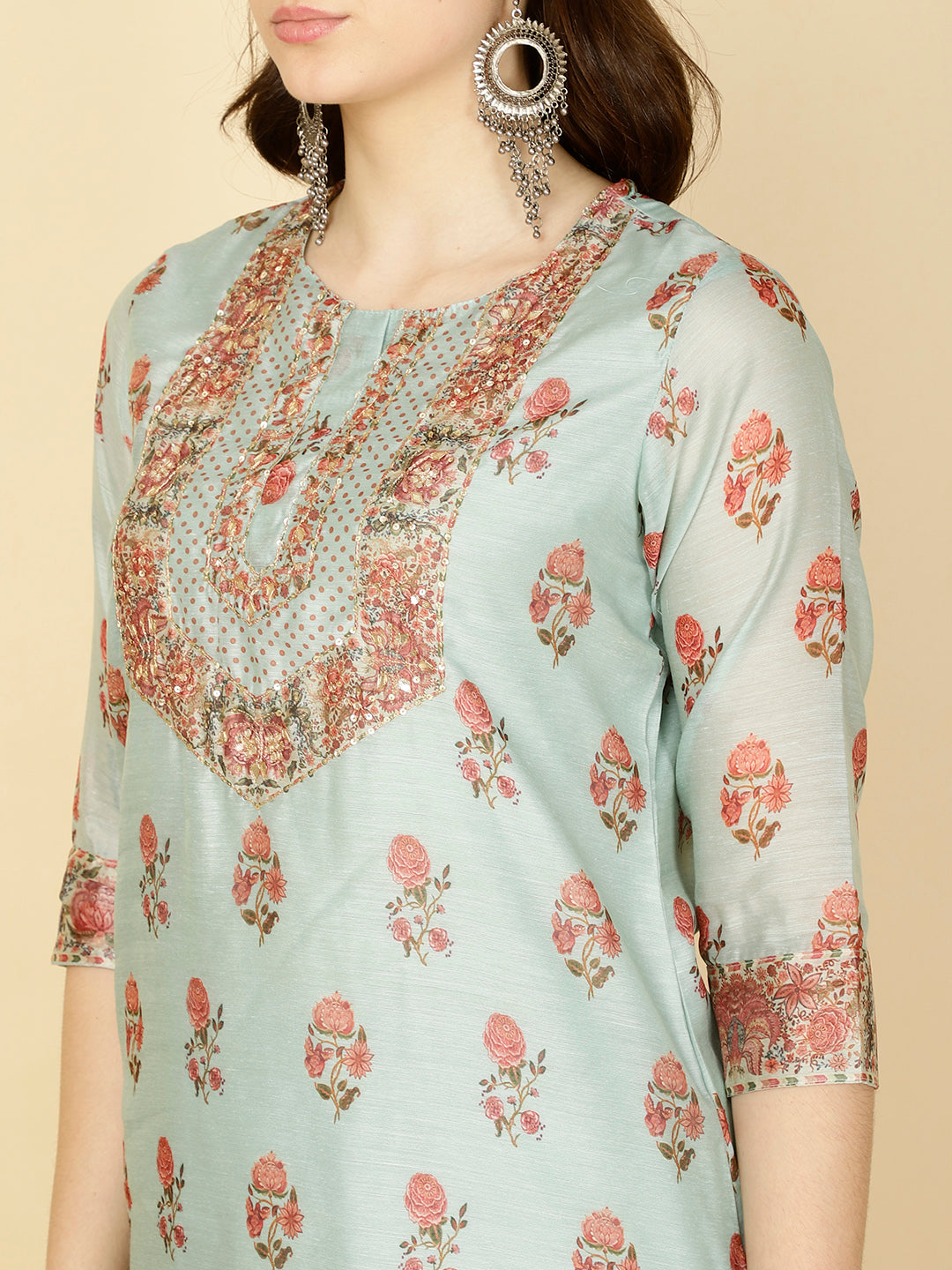 Floral Printed Chanderi Kurta With Pants &amp; Dupatta