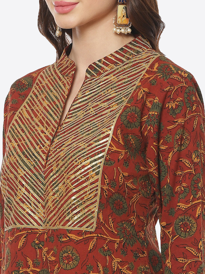 Printed Gota Neck Work Cotton Kurti With Palazzo