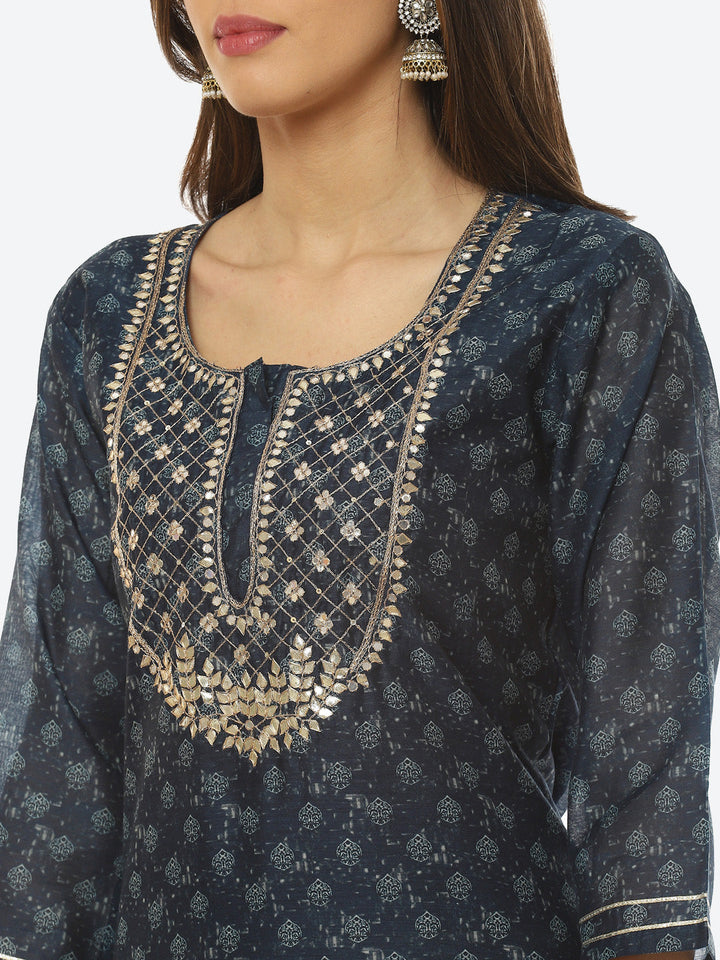 Gota Neck Printed Chanderi Kurta With Pant