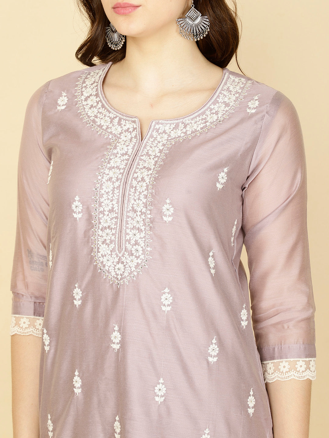 Floral Embroidery Chanderi Kurta With Pants &amp; Dupatta
