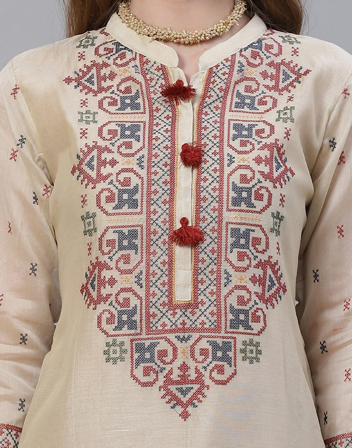 Beige and Grey Cotton Chanderi Salwar Kameez Stitched Suit