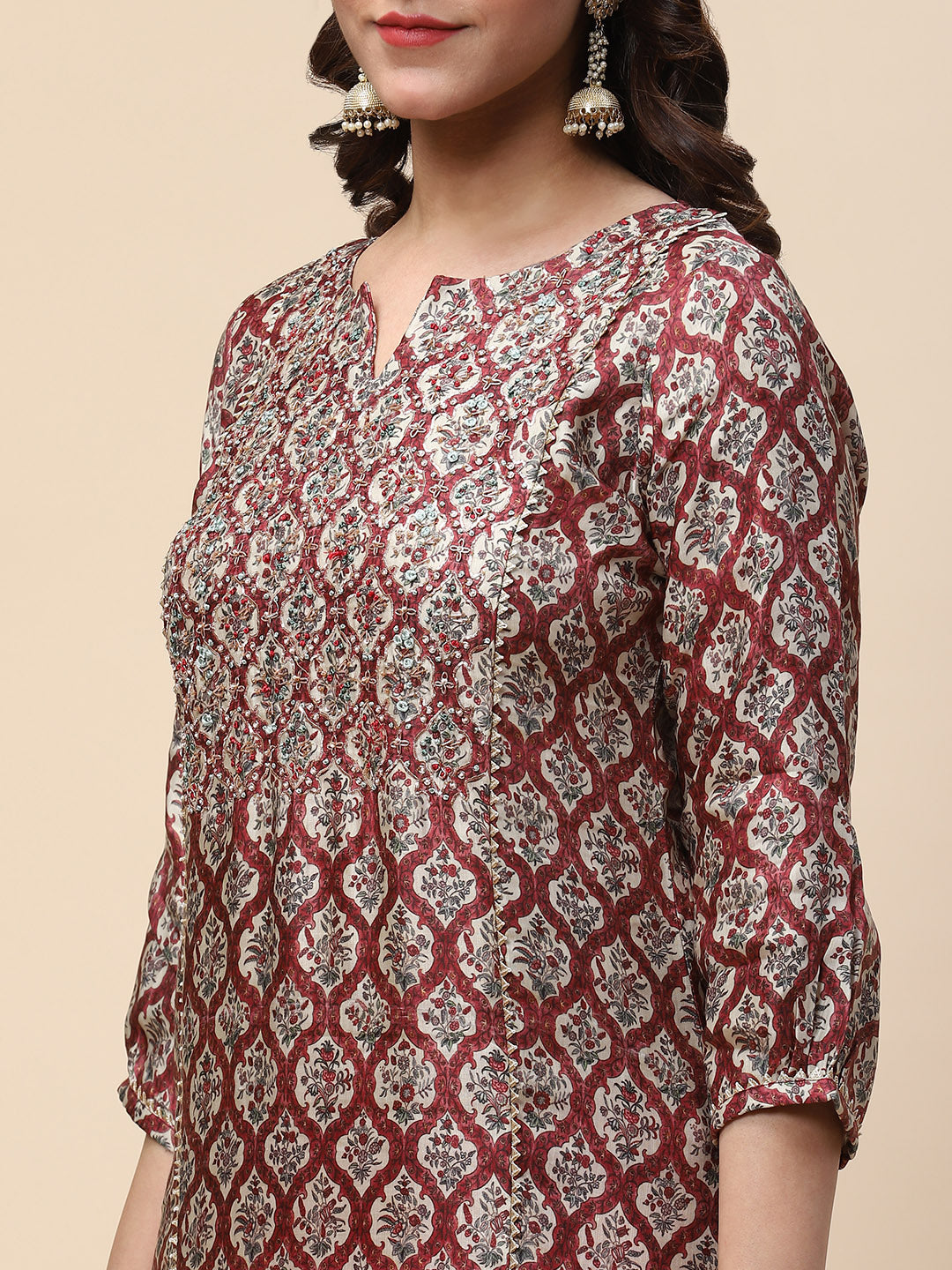 Zari Neck Embroidered &amp; Printed Satin Kurta