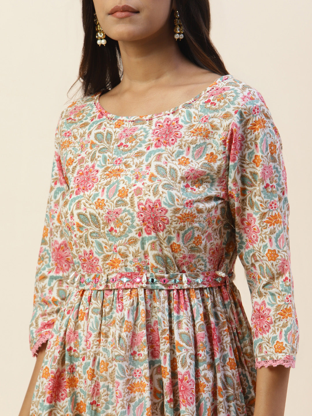 Printed &amp; Yoke Embroidered Cotton Kurta