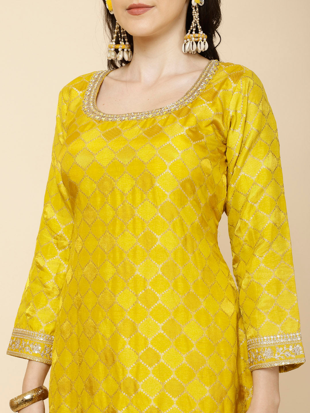 Zari Jaal Embroidery Handloom Suit Set With Dupatta &amp; Palazzo
