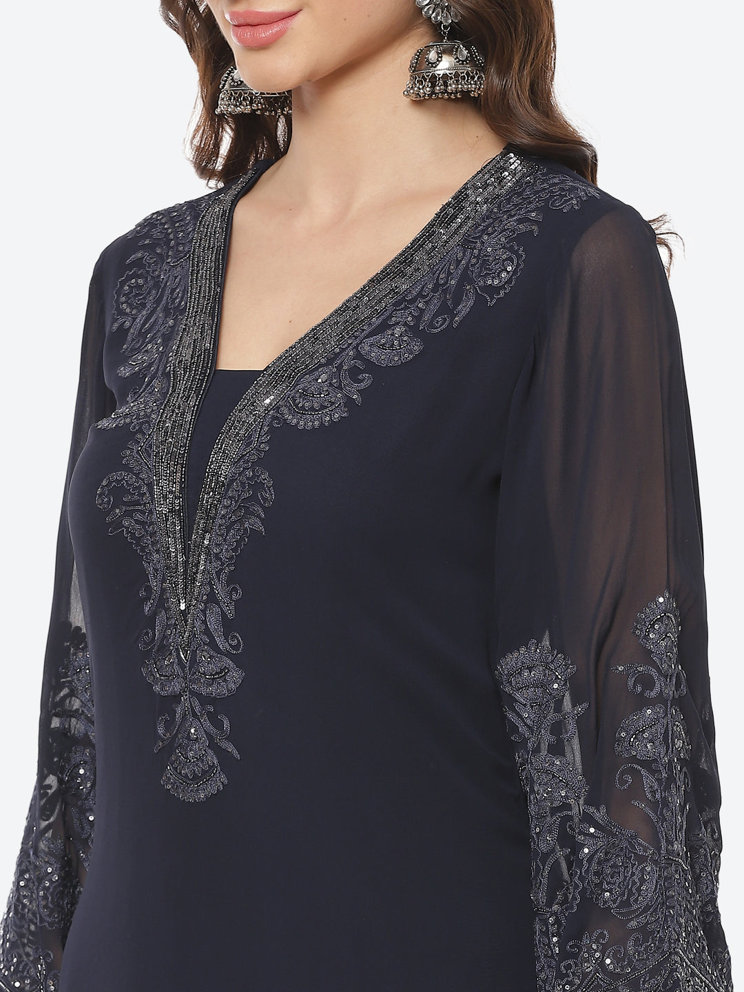 Solid Sequence Georgette Stitched Salwar Kameez With Net Dupatta
