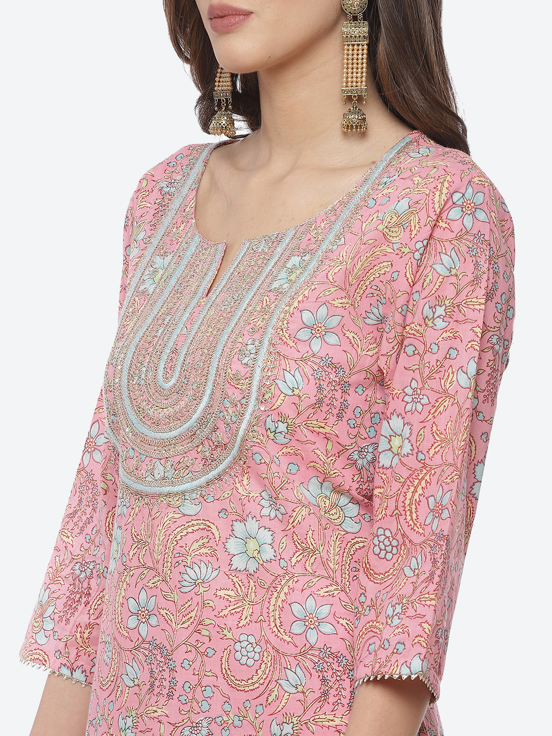 Zari Neck Embroidered Cotton Kurta With Pant