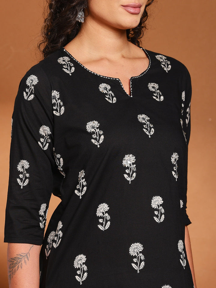 Black Cotton Blend Printed A Line Suit Set