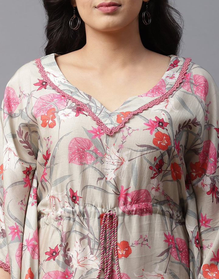 Floral Print Kaftan with Lace Detail