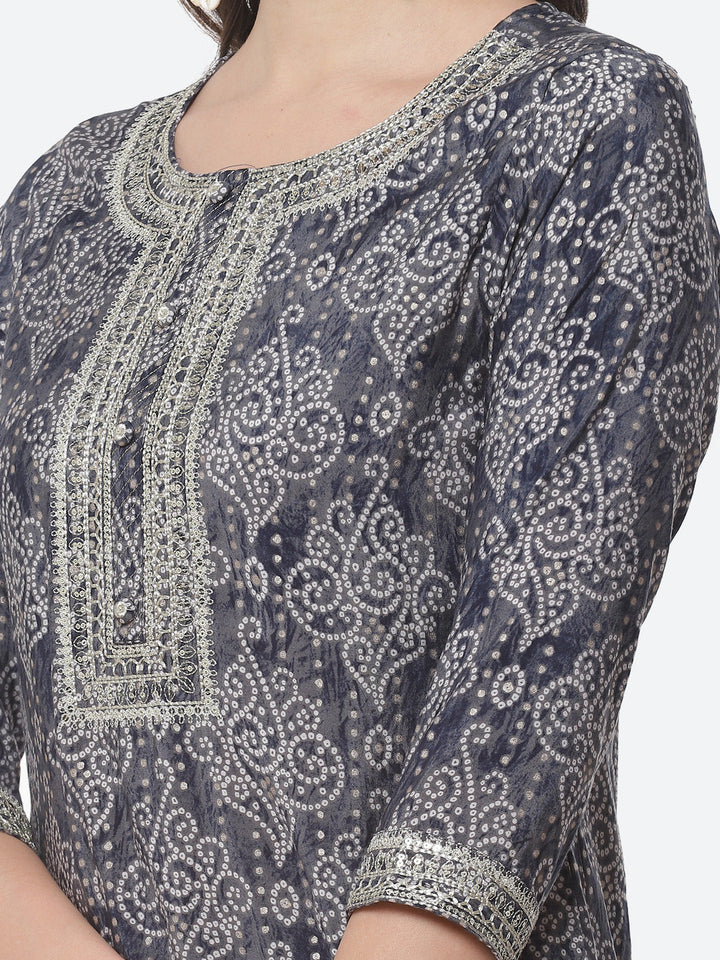 Bandhani Printed Zari Neck Cotton Kurti With Pant
