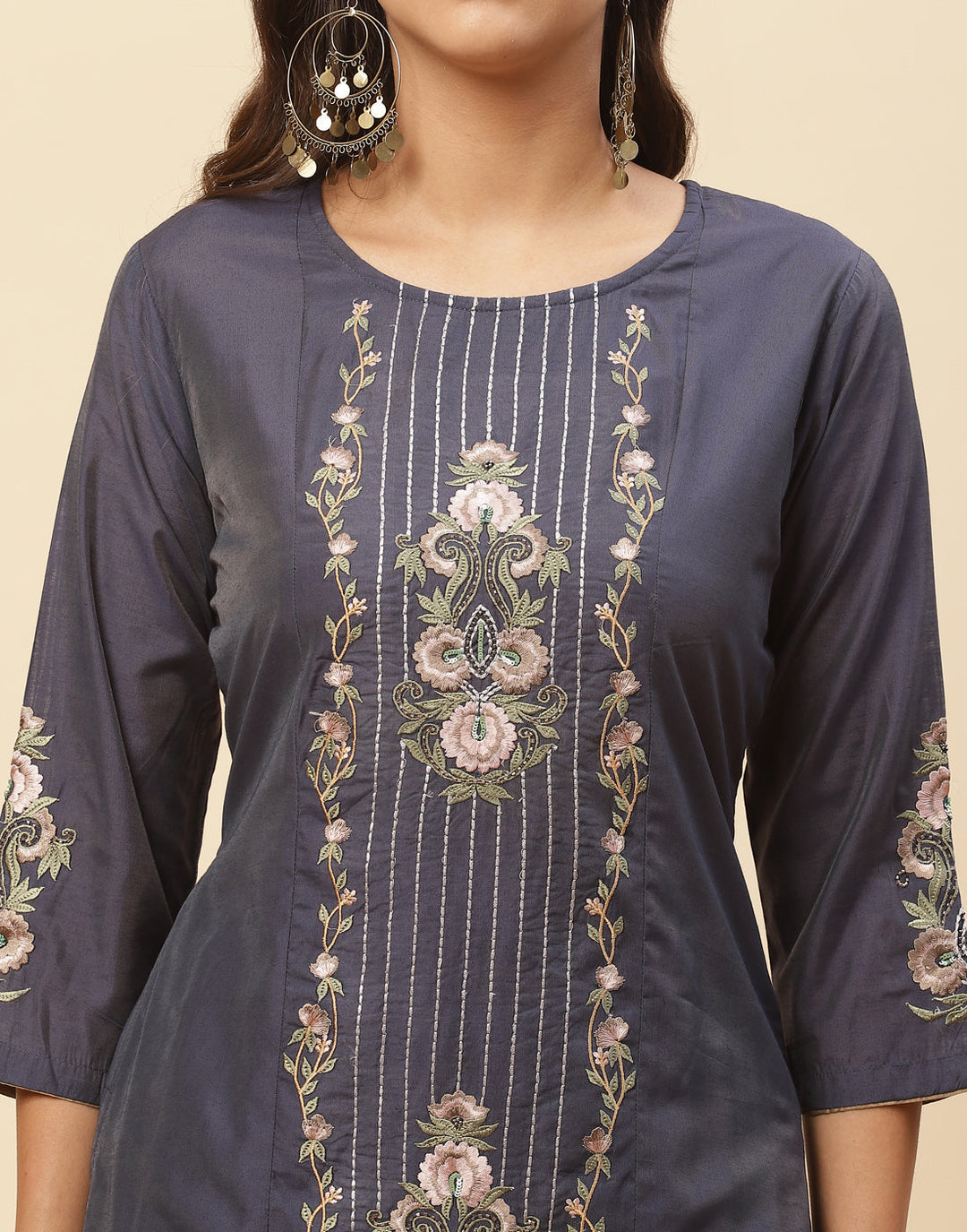 Resham Work Embroidered Chanderi Kurti With Pant