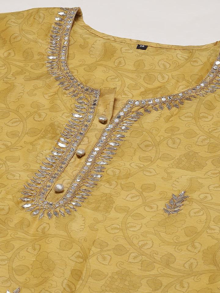 Printed &amp; Neck Embroidered Chanderi Kurta With Pants