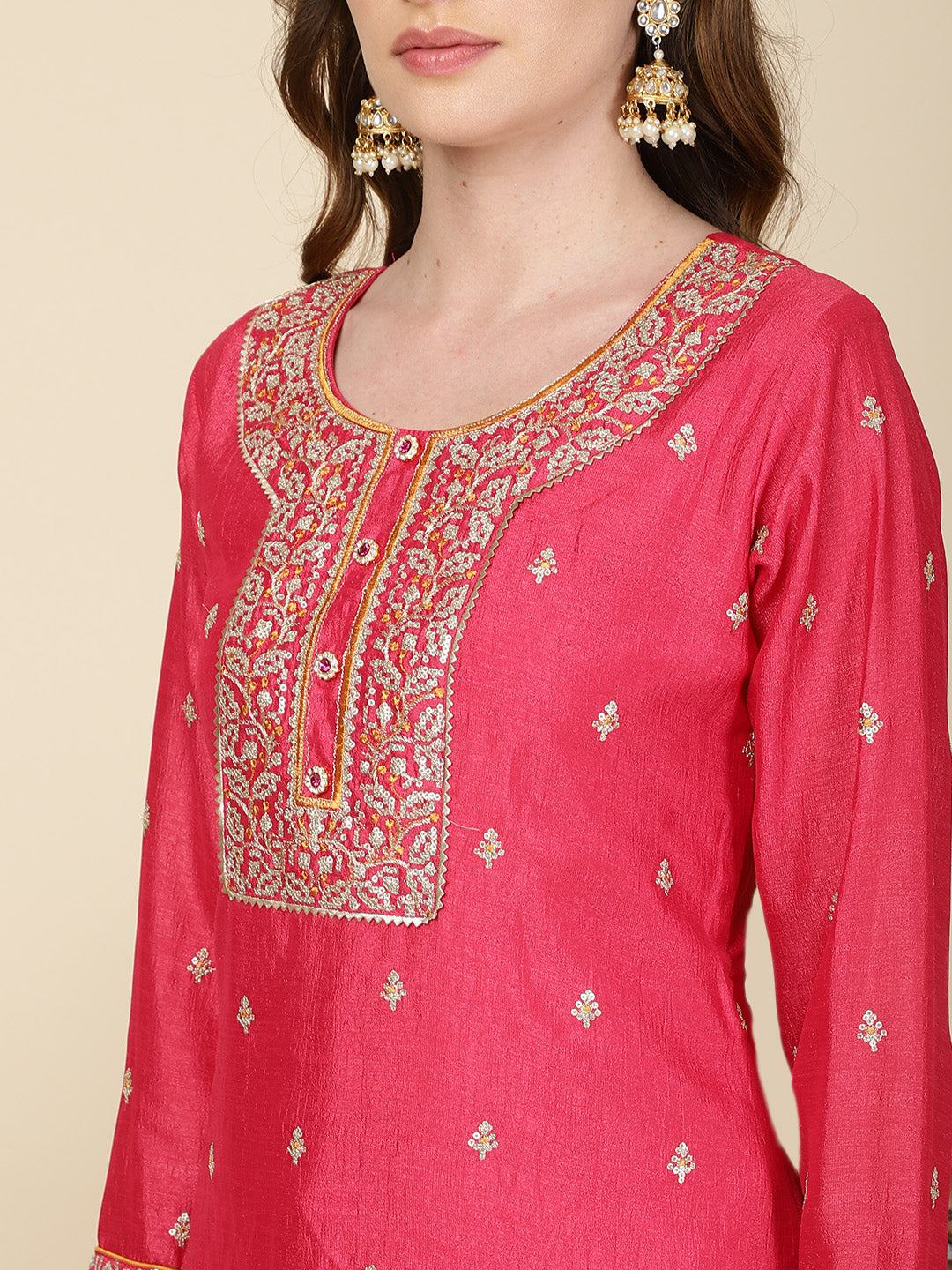 Sequin Work Handloom Kurta With Pants &amp; Dupatta