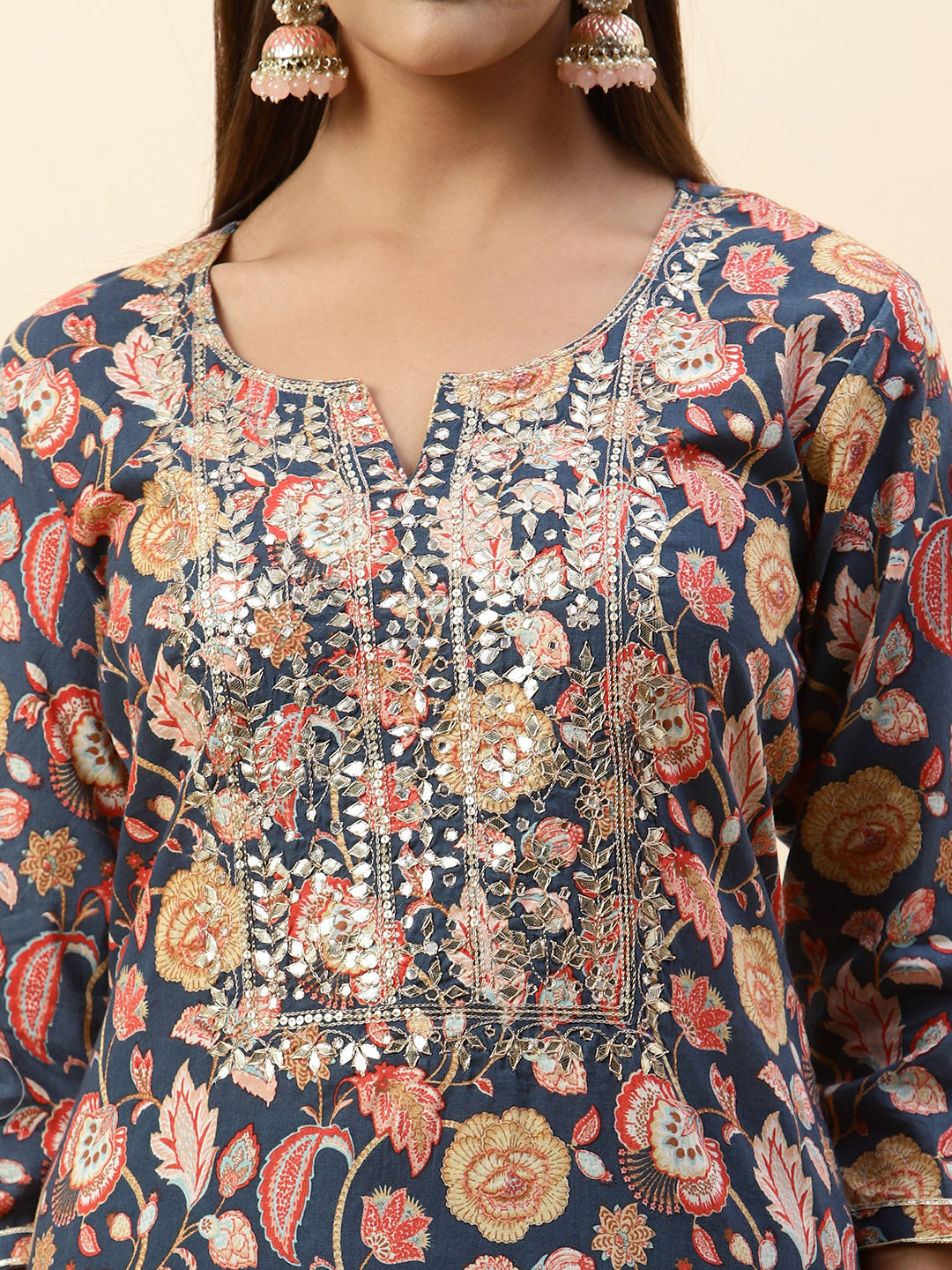 Printed &amp; Neck Embroidered Muslin Kurta With Pants