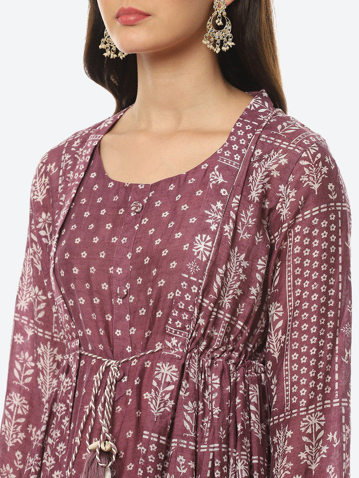 Floral Printed Muslin Kurti With Pant &amp; Jacket