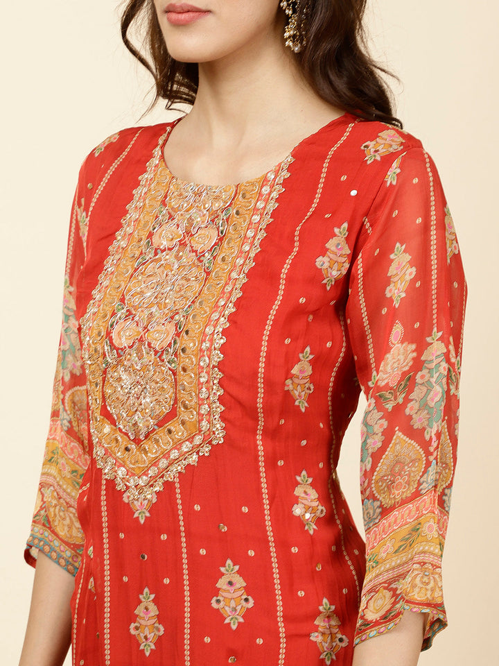 Floral Printed Georgette Kurta With Pants &amp; Dupatta