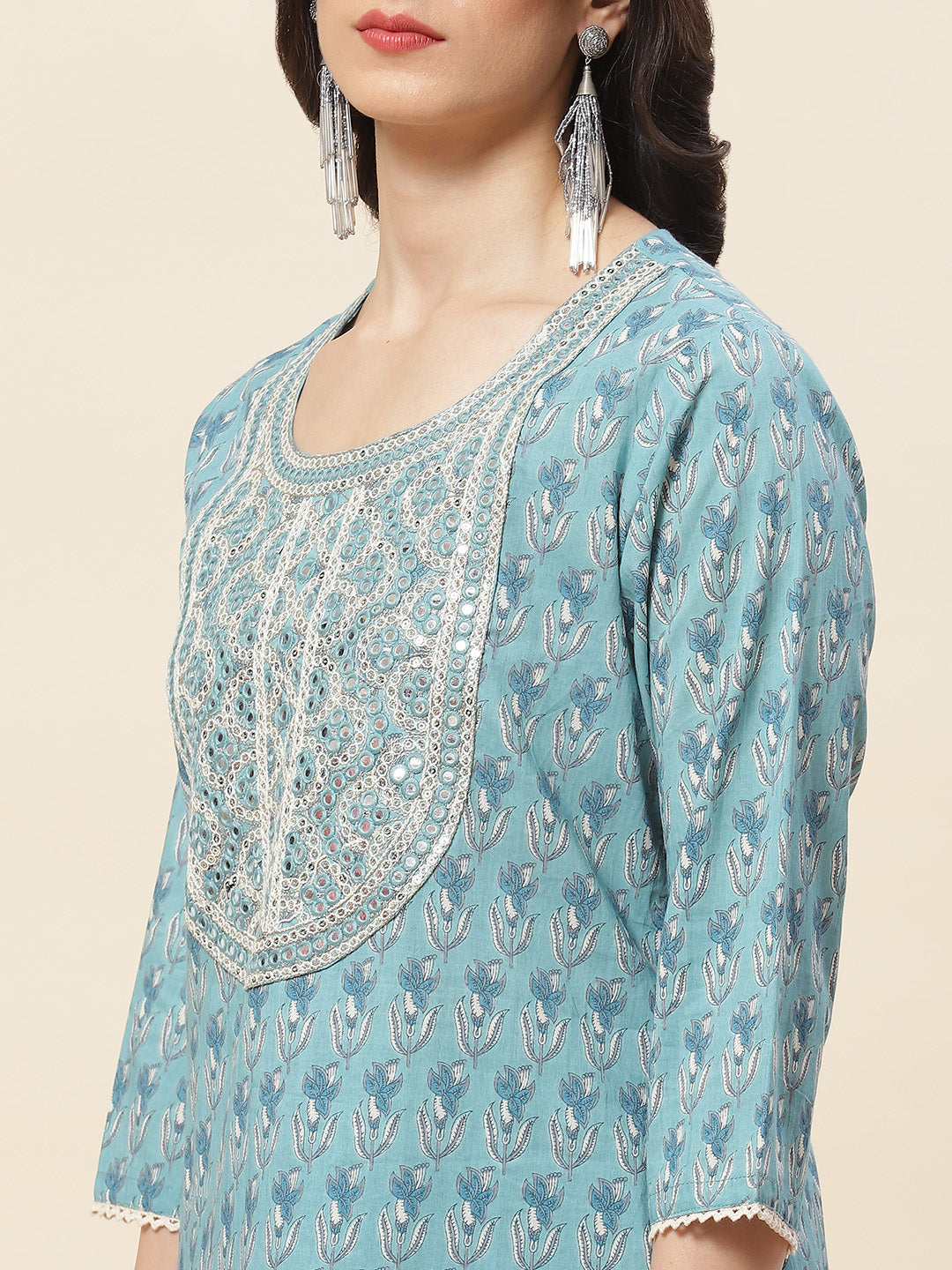 Printed  &amp; Neck Embroidered Cotton Kurta With Pants