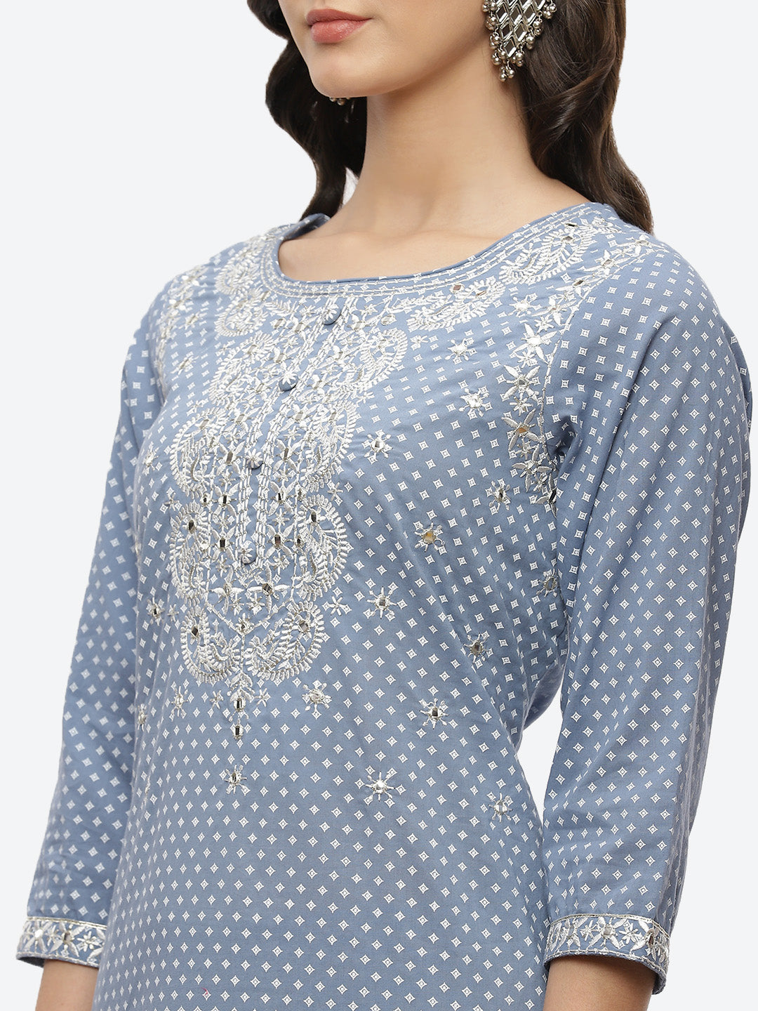 Mirror Neck Embroidered Cotton Kurta With Palazzo