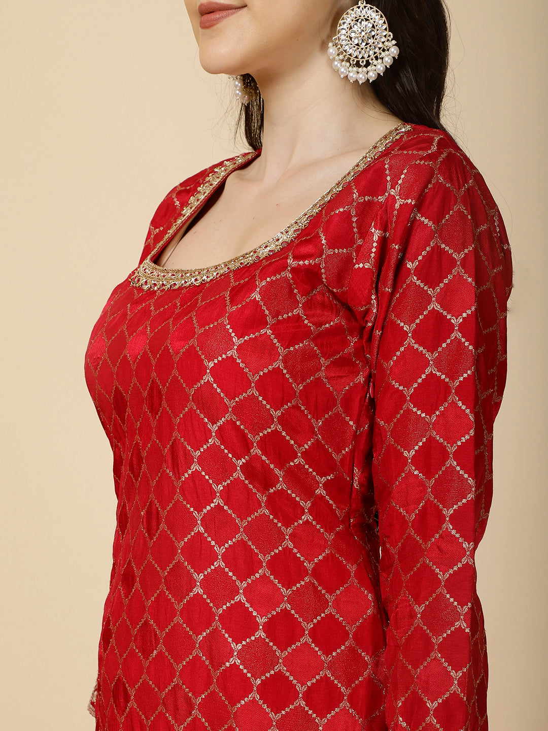 Zari Jaal Embroidery Handloom Suit Set With Dupatta &amp; Palazzo