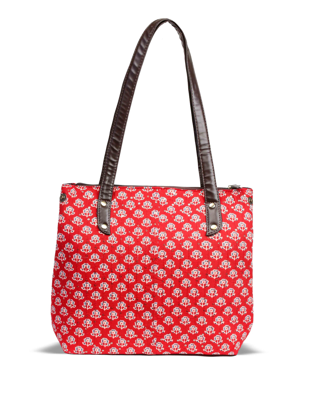 Maroon &amp; Grey Cotton Handbag With Pouch