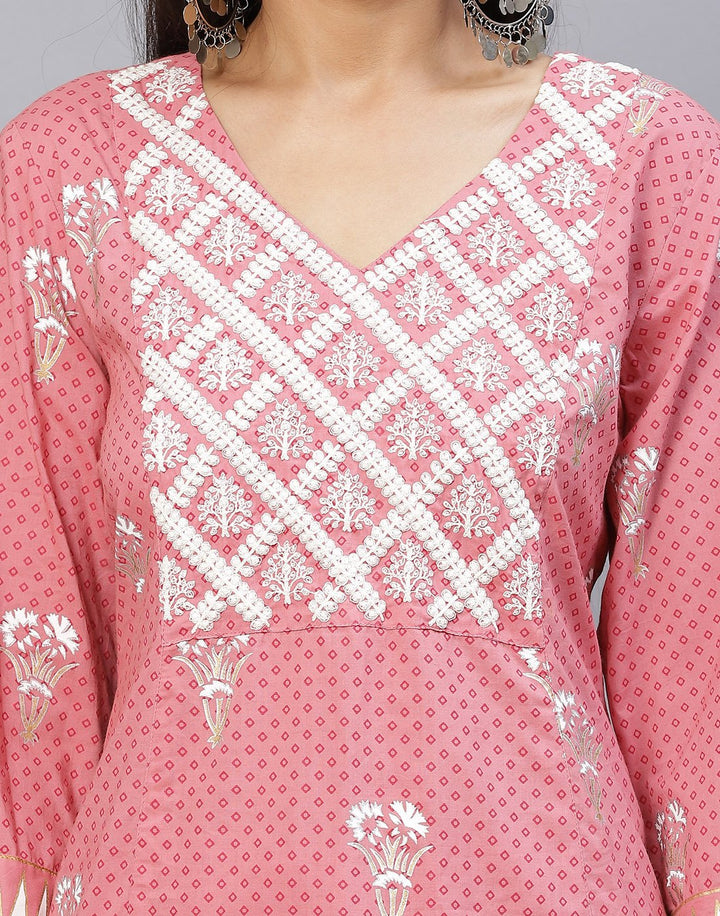 Yoke Embroidered Cotton Printed Kurti with Pant