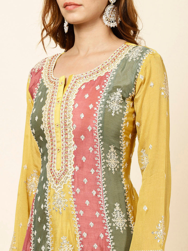 Embroidered Crepe Kurta With Palazzo &amp; Dupatta