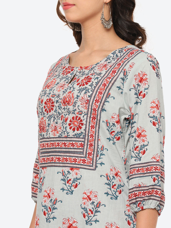 Floral Printed Cotton Kurta With Agfani Pant