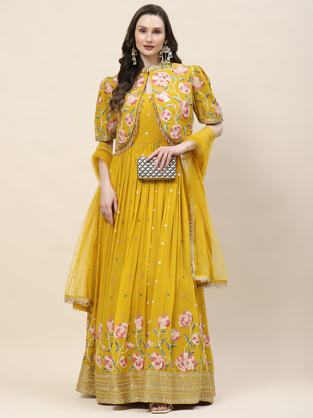 Floral Sequin Embroidery Georgette Kurta With Jacket &amp; Dupatta