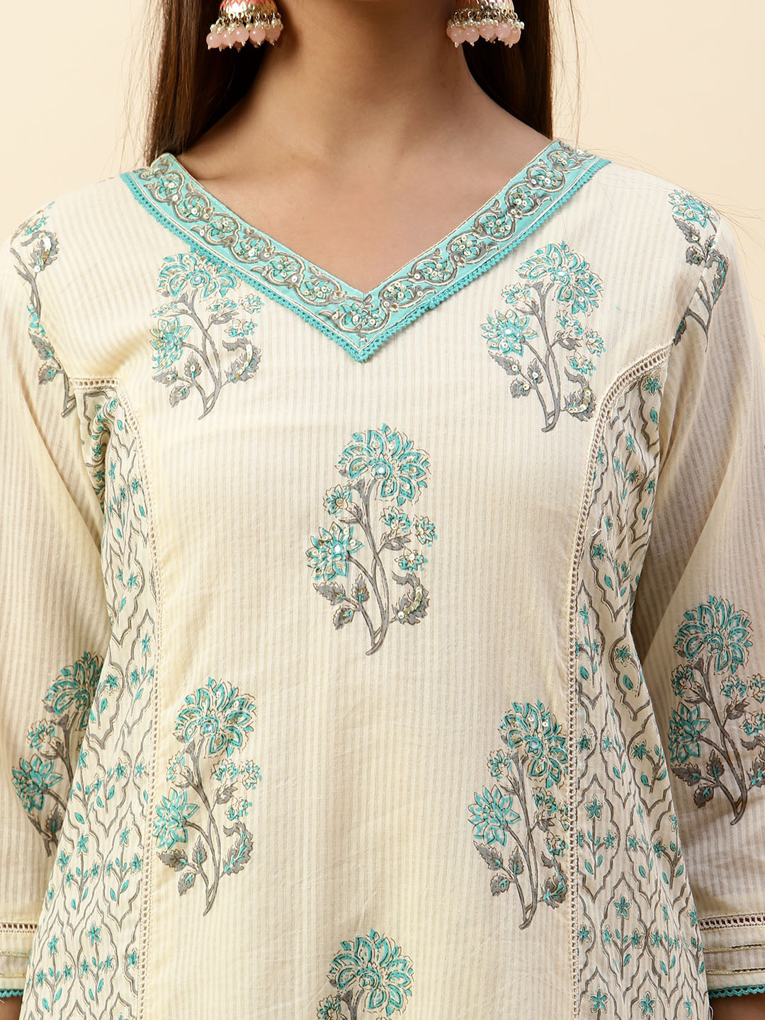 Printed Cotton Kurta With Pants &amp; Dupatta