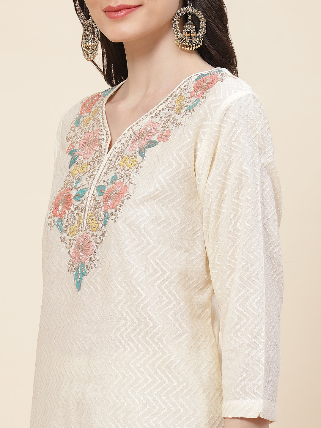 Neck Embroidered Cotton Kurta With Pants &amp; Dupatta