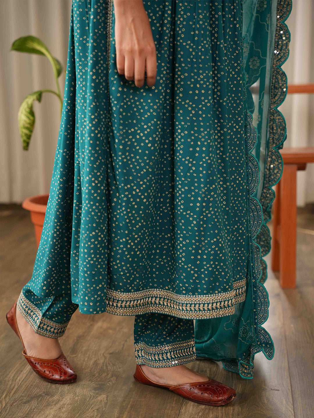 Bandhani Embroidered Rayon Kurta With Pants &amp; Dupatta