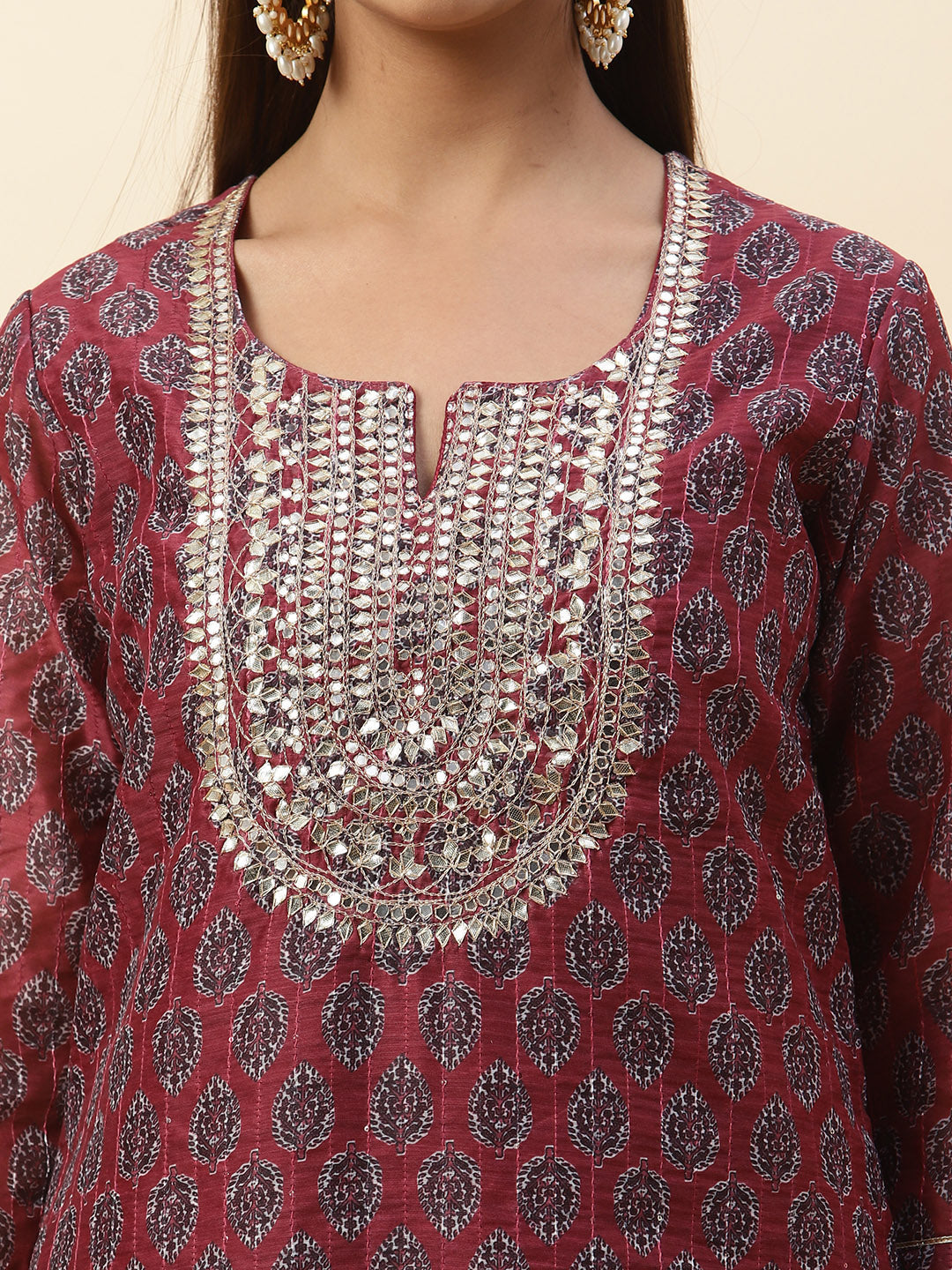 Printed &amp; Neck Embroidered Chanderi Kurta With Pants