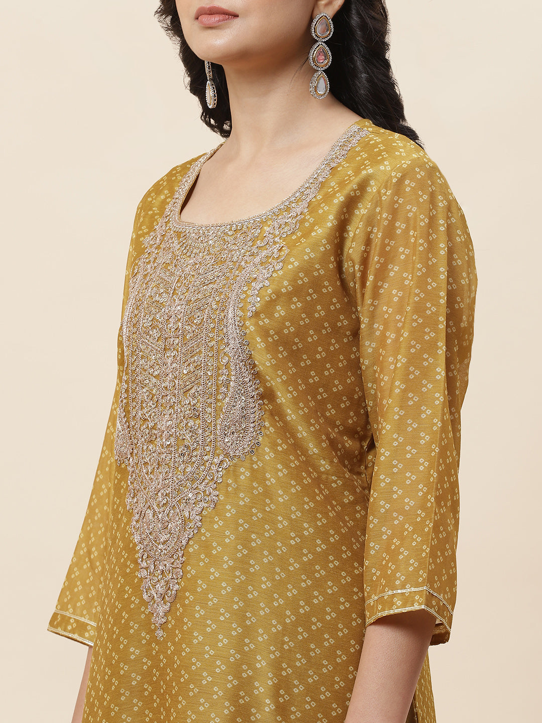 Bandhani Printed Chanderi Kurta With Pants &amp; Dupatta