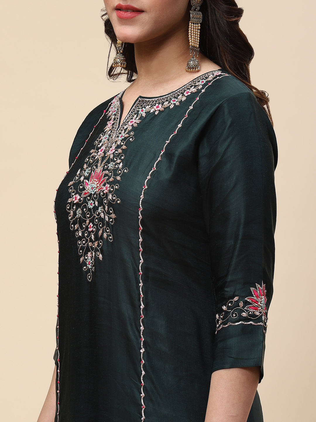 Neck Embroidered Satin Kurta