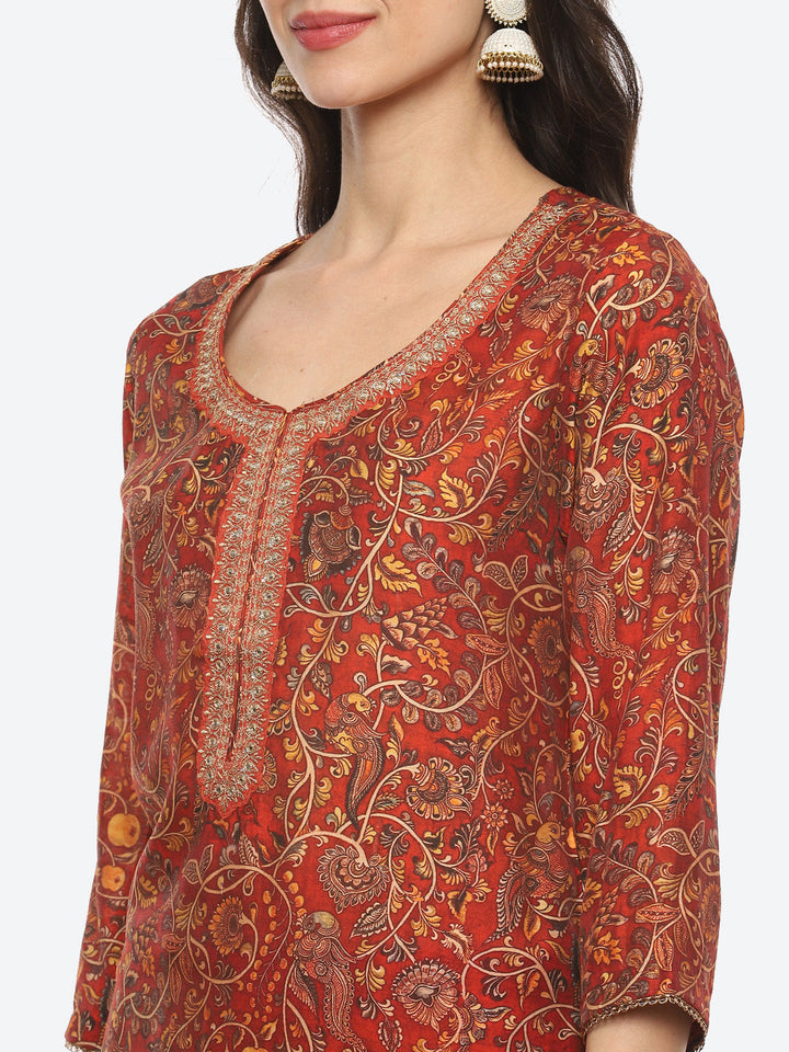 Sequin Yoke Printed Muslin Kurta With Pant