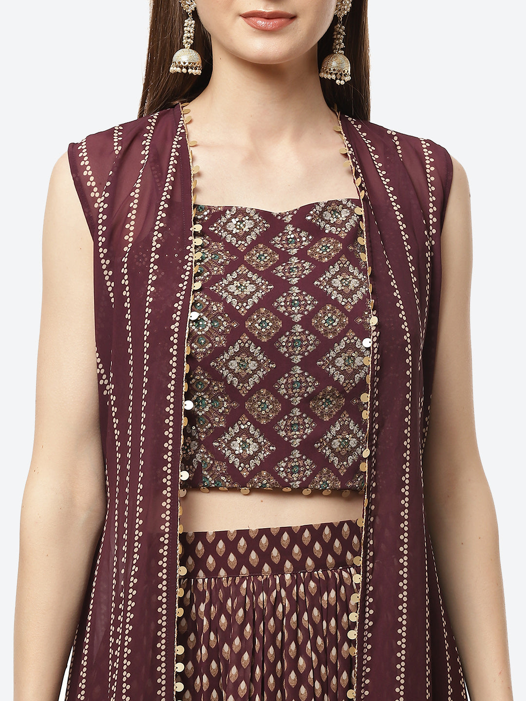 Paisley Printed Crepe Jacket With Lehenga Choli And Net Dupatta