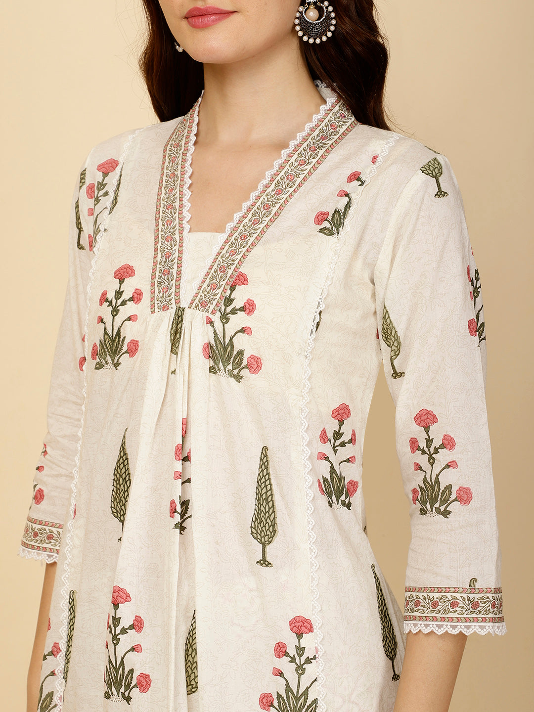 Block Printed Cotton Kurta With Palazzo &amp; Dupatta