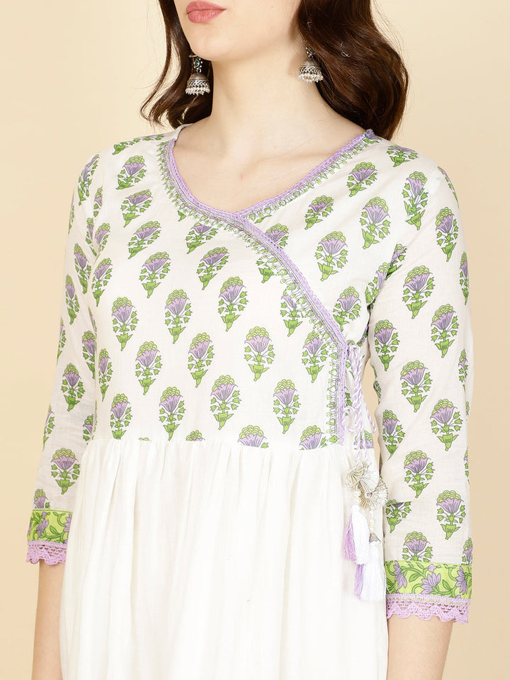 Floral Printed Cotton Kurta With Pants &amp; Dupatta