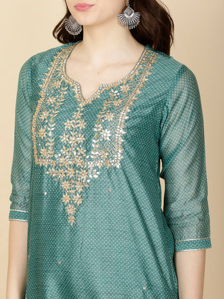Neck Gota Patti &amp; Printed Chanderi Kurta With Pants &amp; Dupatta